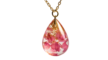 A single resin teardrop pendant, infused with subtle rose petals and a touch of gold dust, reflecting light beautifully and representing heartfelt emotion, isolated on a Transparent Background