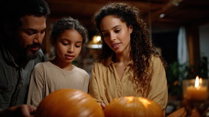 Family pumpkin carving for Halloween