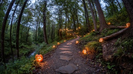 Candlelit pumpkin path for Halloween