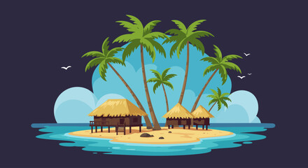 Obraz premium Tropical Island Paradise with Palm Trees and Huts Illustration
