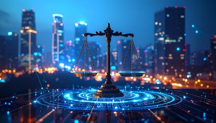 A scale of justice stands poised against a backdrop of a bustling modern city at night, symbolizing the balance of law and order in a technological age.