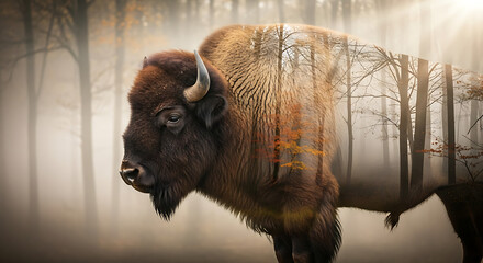 Serene autumn forest trees seamlessly blended within the majestic silhouette of a powerful bison, creating a captivating double exposure nature concept