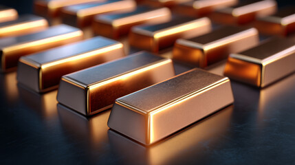Golden copper bars arranged in rows reflecting light symbolize wealth and global copper market dynamic value and demand