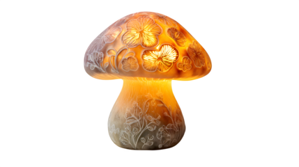 A small resin night light shaped like a glowing mushroom, with intricate details and a soft, warm luminescence, creating a whimsical and comforting ambiance, isolated on a Transparent Background