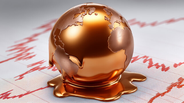 Global copper market with melting copper globe on financial chart showing economic trends and value changes