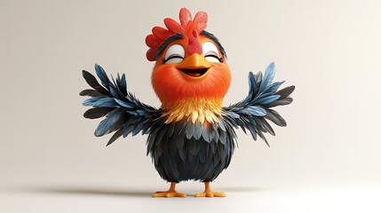 Anthropomorphic dancing chicken sticker white background 3D render cartoon style joyful character