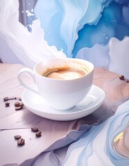 Minimal coffee cup with smooth creamy foam placed on a pastel textured surface, soft natural light and calm composition creating a modern, elegant and relaxing coffee moment concept.