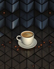 A turquoise ceramic cup filled with fresh espresso sits on a rustic wooden table, surrounded by roasted coffee beans and a golden spoon. Minimal composition highlights elegance