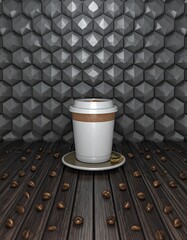 A turquoise ceramic cup filled with fresh espresso sits on a rustic wooden table, surrounded by roasted coffee beans and a golden spoon. Minimal composition highlights elegance