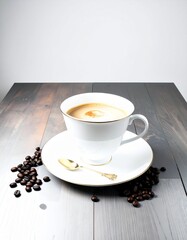 A minimalist studio setup features a white espresso cup filled with fresh coffee on a wooden surface, surrounded by roasted coffee beans, emphasizing purity, balance and product focus.