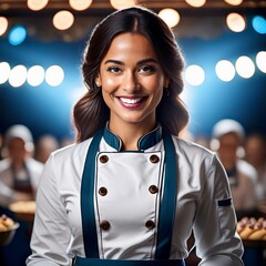 Female pastry chef smiling camera wearing professional uniform, studio lighting setup with blurred background bokeh effect, portrait photography confident pose, culinary professional workspace ambianc