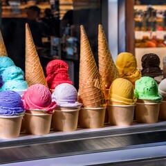A colorful display of artisanal ice cream cones and cups arranged on shelves, featuring creamy textures, vibrant flavors and decorative toppings in a playful, modern dessert presentation.