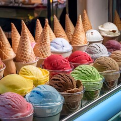 A colorful display of artisanal ice cream cones and cups arranged on shelves, featuring creamy textures, vibrant flavors and decorative toppings in a playful, modern dessert presentation.