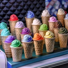 A colorful display of artisanal ice cream cones and cups arranged on shelves, featuring creamy textures, vibrant flavors and decorative toppings in a playful, modern dessert presentation.