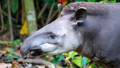 Close-up profile view of a tapir, showcasing its distinctive snout and textured gray-brown fur in a lush, natural setting.