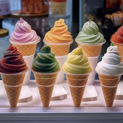 A colorful display of artisanal ice cream cones and cups arranged on shelves, featuring creamy textures, vibrant flavors and decorative toppings in a playful, modern dessert presentation.