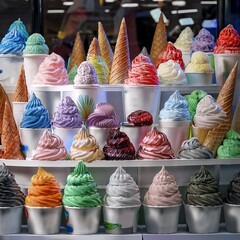A colorful display of artisanal ice cream cones and cups arranged on shelves, featuring creamy textures, vibrant flavors and decorative toppings in a playful, modern dessert presentation.