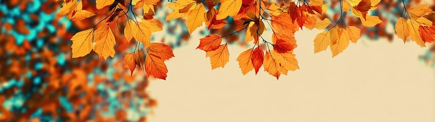 Obraz premium autumn background with hanging colorful leaves on a blurred natural backdrop, suitable for banner design. 