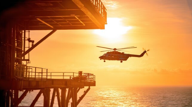 Helicopter approaches oil platform at dawn over calm ocean waters for deep sea mining operations