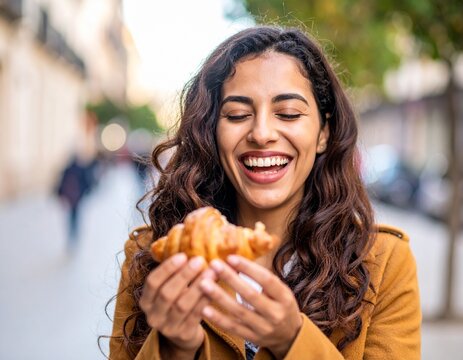 Digital portrait of a smiling woman holding a pastry with both hands. Her full face and head are visible. The image focuses on the joyful expression while she prepares to take a bite, warm lighting en