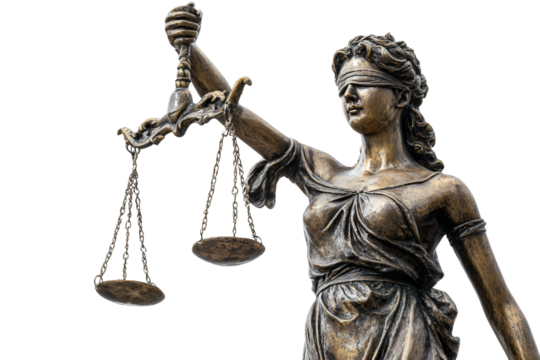 Blindfolded Lady Justice statue holding scales of justice