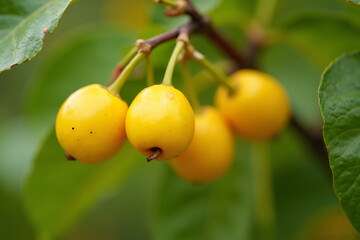 Vibrant Yellow Cherries Adorn Branch Against Soft Green Foliage Backdrop a Nature's Delight