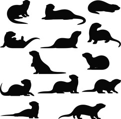 Otter silhouette vector set, black otters in various poses, wildlife animal clipart, otter illustrations for design, nature, zoo, aquatic themes