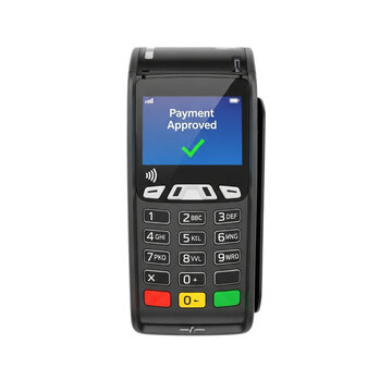 Modern credit card payment terminal with approved transaction display on screen transparent background