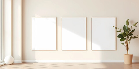 Fototapeta premium A minimalist studio apartment with pale taupe wall, three ISO A poster mockups in frameless mounts aligned vertically.