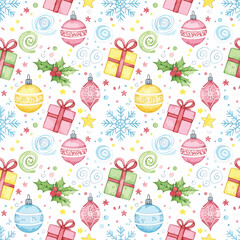 Naklejka premium Seamless Pattern, Christmas pattern with ornaments gifts snowflakes and holly watercolor style Stock royalty free image.