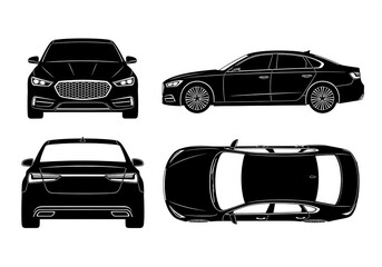 Fototapeta premium Black sedan car vector illustration with front, side, rear and top view on white background