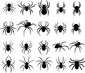 Spider Silhouette Collection - Black Vector Icons of Spiders. Set of spider silhouettes in black, perfect for Halloween, tattoo design, logos, and decoration