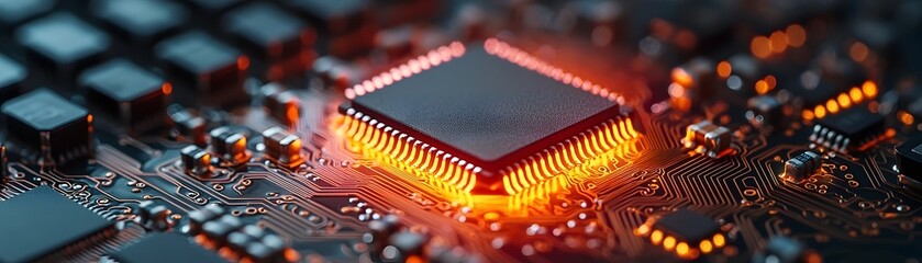 Tiny microchip on a tech enabled business workspace