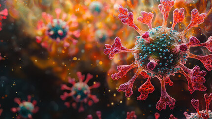 A microscopic ballet unfolds in a close-up, showcasing a kaleidoscope of red, blue, and green microbes, viruses, and bacteria, against a backdrop of a blurred medical background, symbolizing 