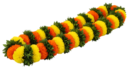 A vibrant display of orange and yellow floral garland against a black background