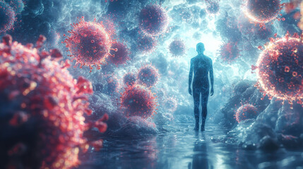A microscopic battleground of life, where a person's silhouette stands guard against the onslaught of viruses and bacteria, each with their unique shapes and forms. This digital artwork, crafted