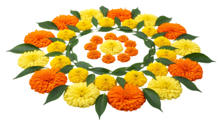Floral composition of marigolds and leaves in circular arrangement on black