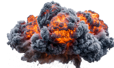 Powerful fiery explosion with dark smoke and sparks erupting