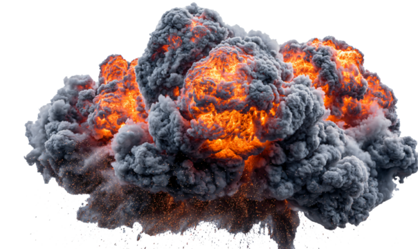 Powerful fiery explosion with dark smoke and sparks erupting