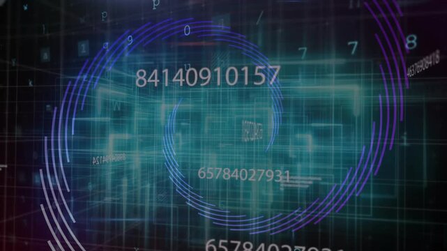 Upon grid activating, ring rotating, numeric codes updating, camera zooming, visualizing data flow