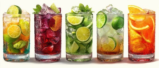 Colorful cocktails with ice and fruit garnishes (1)