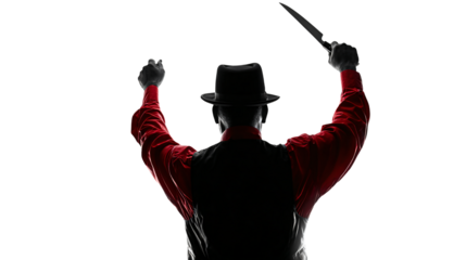 Man in fedora raises knife in dramatic pose