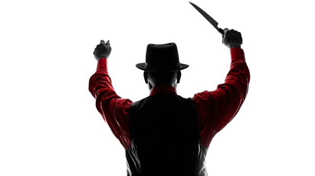 Man in fedora raises knife in dramatic pose