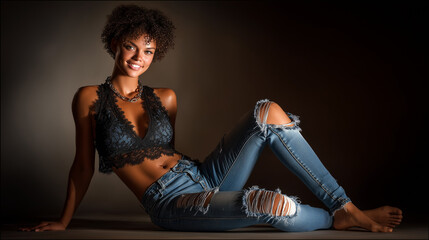 Portrait of a beautiful girl in denim clothes, studio lighting