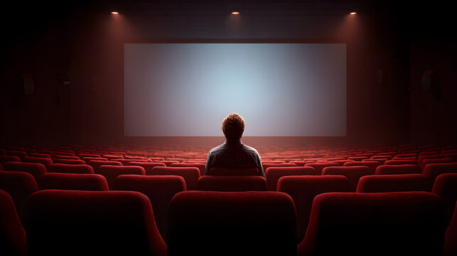 A lone figure sits in an empty movie theater, gazing at the large, glowing screen amidst rows of red seats, evoking a sense of solitude, contemplation, and immersive cinematic experience.