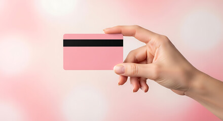 A female hand presents a pink payment card, highlighting modern financial concepts for secure online transactions and convenient shopping experiences