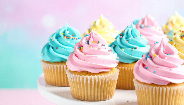A row of cupcakes with colorful frosting and sprinkles, arranged in a festive party theme. Ideal for celebrations, birthdays, and bakery promotions.