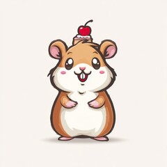 Naklejka premium Cute hamster character with cake on head against a cream background