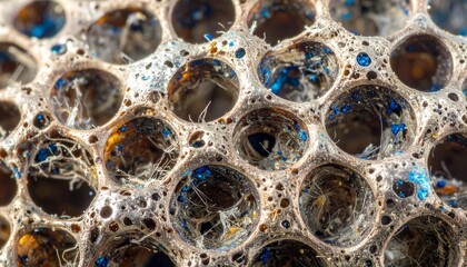 Nickel Foam Microstructure with Fibers & Blue Specks — Macro