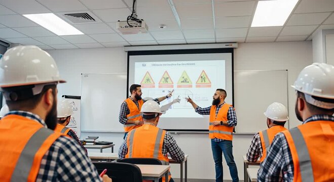 Construction professionals in hard hats and safety vests attend a training session. An instructor presents important workplace hazard signs on a screen.